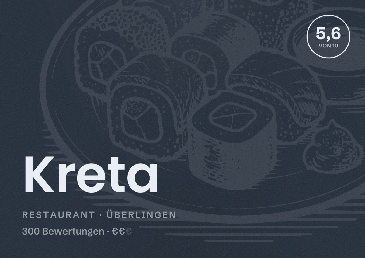 Illustriertes Poster von Kreta, Restaurant in Überlingen: Bewertung 5,6 von 10 aus 300 Bewertungen, Preisniveau €€