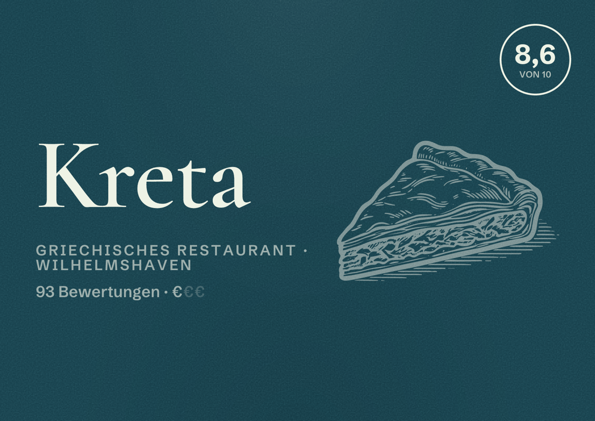 Illustriertes Poster von Kreta, Griechisches Restaurant in Wilhelmshaven: Bewertung 8,6 von 10 aus 93 Bewertungen, Preisniveau €