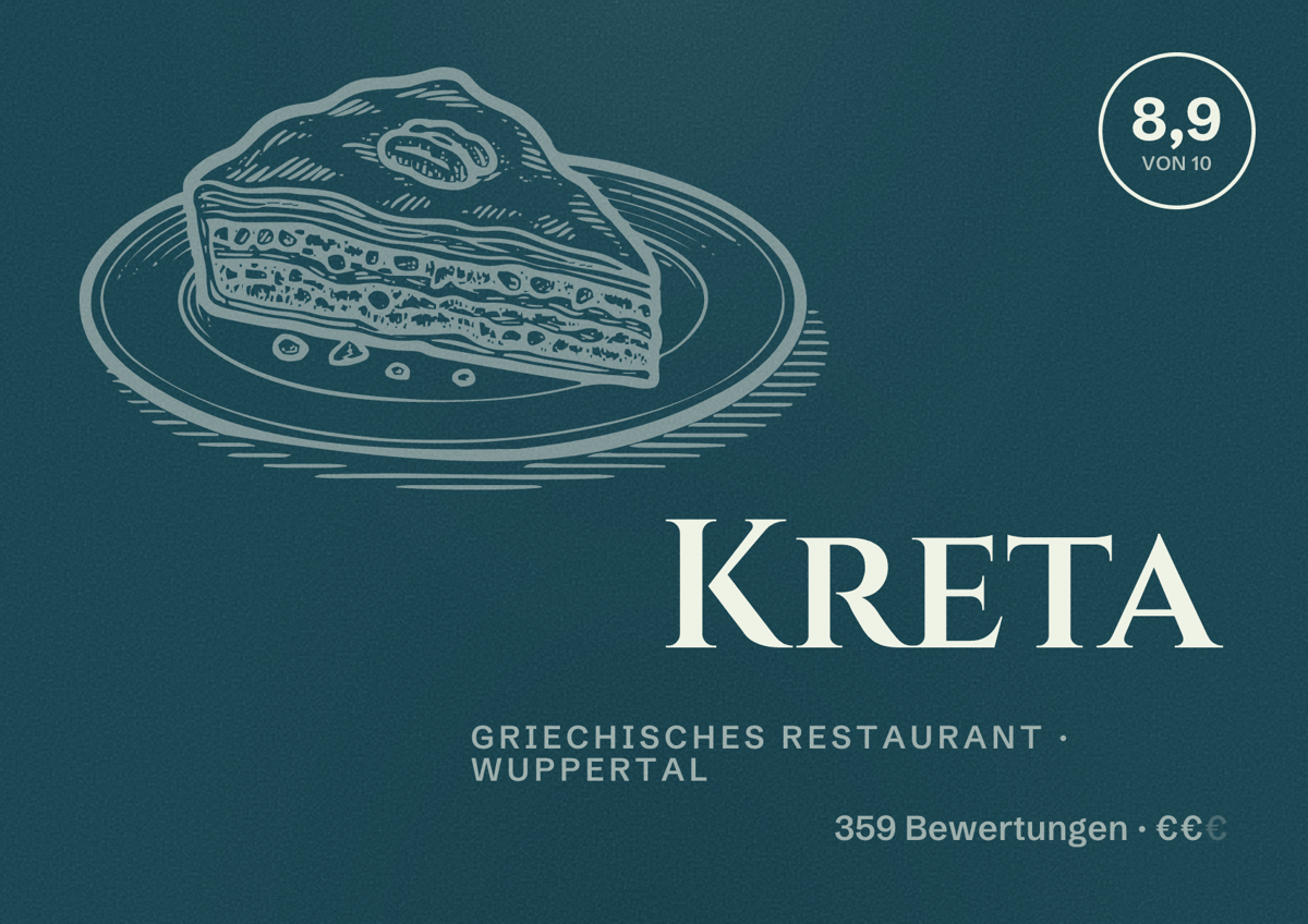 Illustriertes Poster von Kreta, Griechisches Restaurant in Wuppertal: Bewertung 8,9 von 10 aus 359 Bewertungen, Preisniveau €€