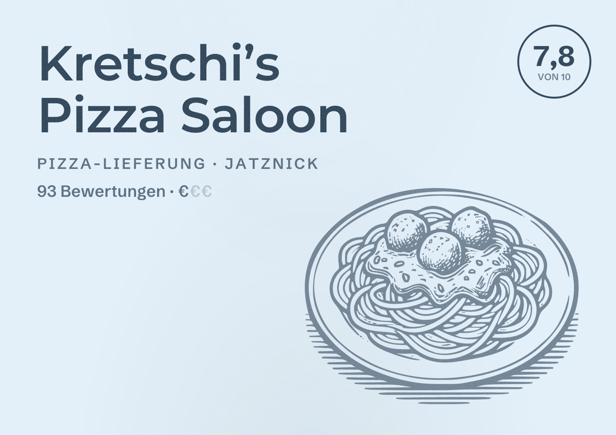 Illustriertes Poster von Kretschi’s Pizza Saloon, Pizza-Lieferung in Jatznick: Bewertung 7,8 von 10 aus 93 Bewertungen, Preisniveau €