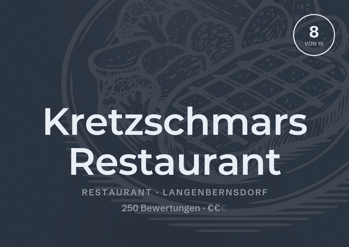 Illustriertes Poster von Kretzschmars Restaurant, Restaurant in Langenbernsdorf: Bewertung 8 von 10 aus 250 Bewertungen, Preisniveau €€