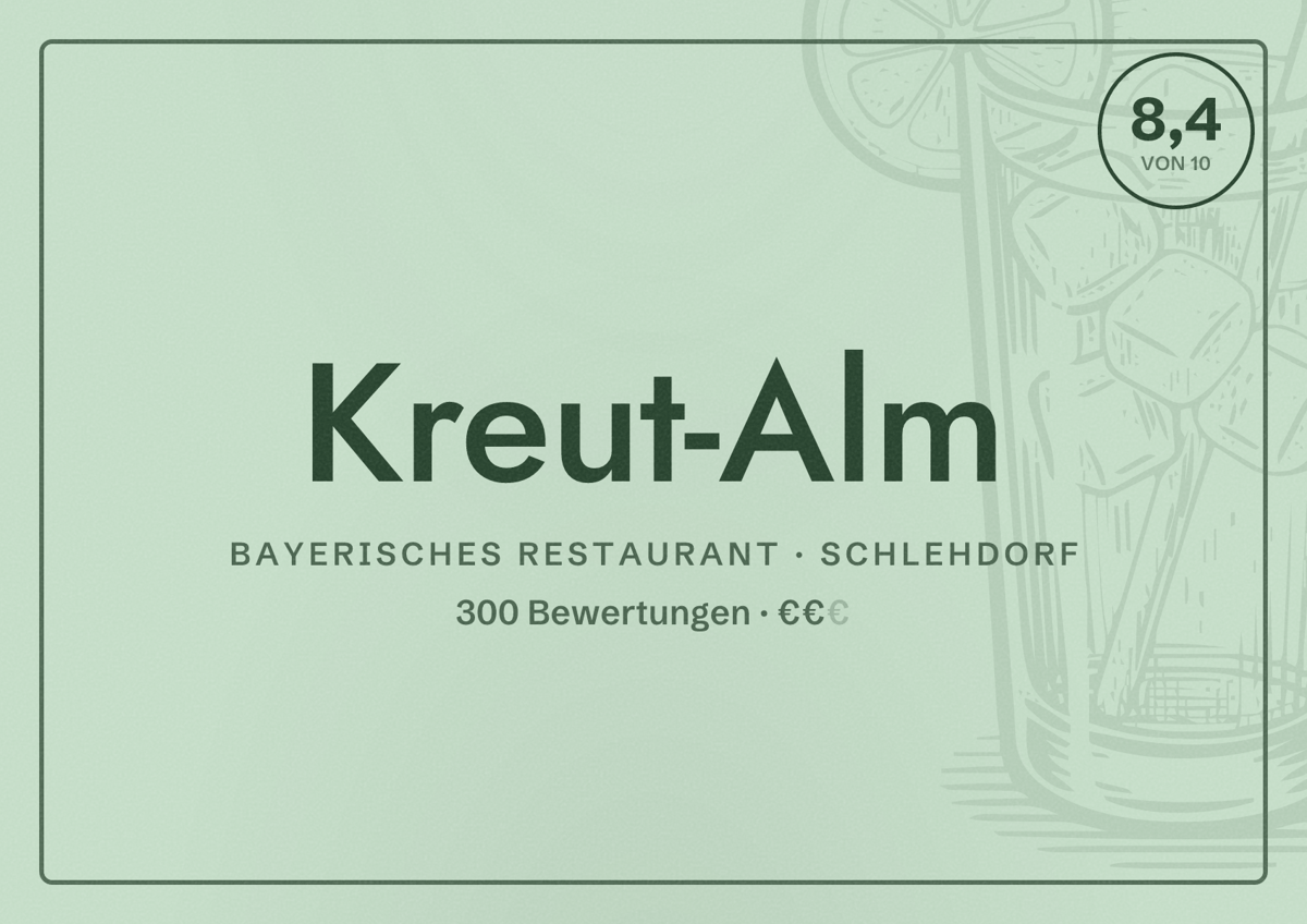 Illustriertes Poster von Kreut-Alm, Bayerisches Restaurant in Schlehdorf: Bewertung 8,4 von 10 aus 300 Bewertungen, Preisniveau €€