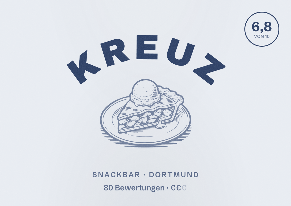 Illustriertes Poster von Kreuz, Snackbar in Dortmund: Bewertung 6,8 von 10 aus 80 Bewertungen, Preisniveau €€