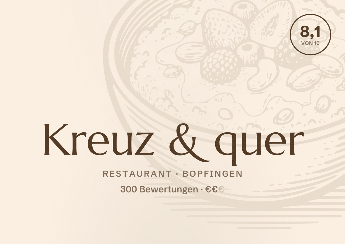 Illustriertes Poster von Kreuz & quer, Restaurant in Bopfingen: Bewertung 8,1 von 10 aus 300 Bewertungen, Preisniveau €€