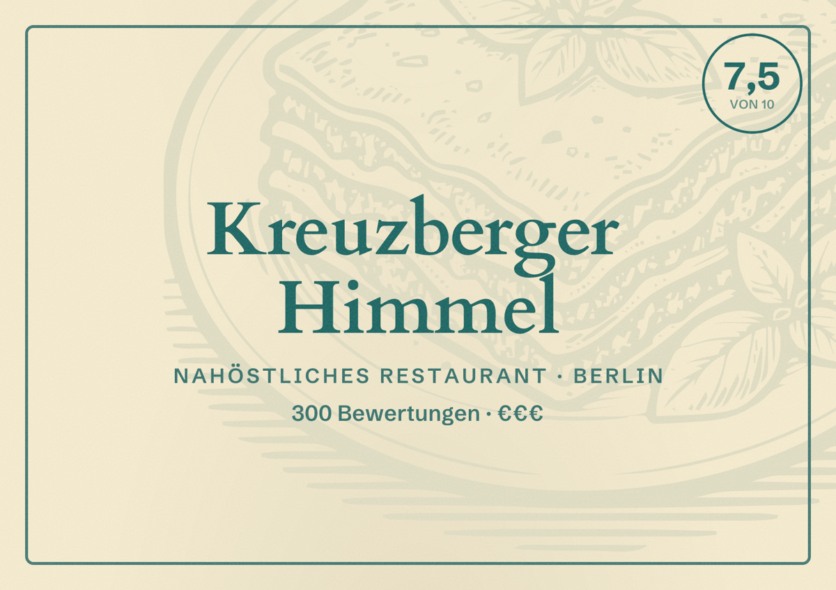 Illustriertes Poster von Kreuzberger Himmel, Nahöstliches Restaurant in Berlin: Bewertung 7,5 von 10 aus 300 Bewertungen, Preisniveau €€€