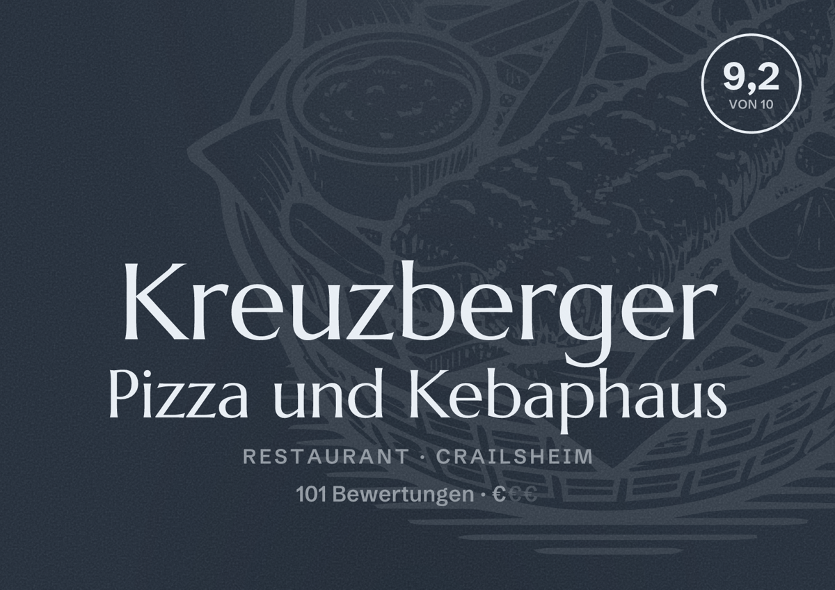 Illustriertes Poster von Kreuzberger Pizza und Kebaphaus, Restaurant in Crailsheim: Bewertung 9,2 von 10 aus 101 Bewertungen, Preisniveau €