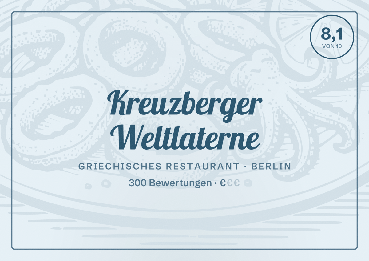 Illustriertes Poster von Kreuzberger Weltlaterne, Griechisches Restaurant in Berlin: Bewertung 8,1 von 10 aus 300 Bewertungen, Preisniveau €