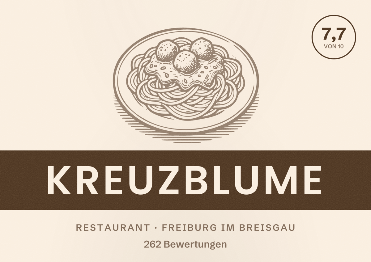 Illustriertes Poster von Kreuzblume, Restaurant in Freiburg im Breisgau: Bewertung 7,7 von 10 aus 262 Bewertungen