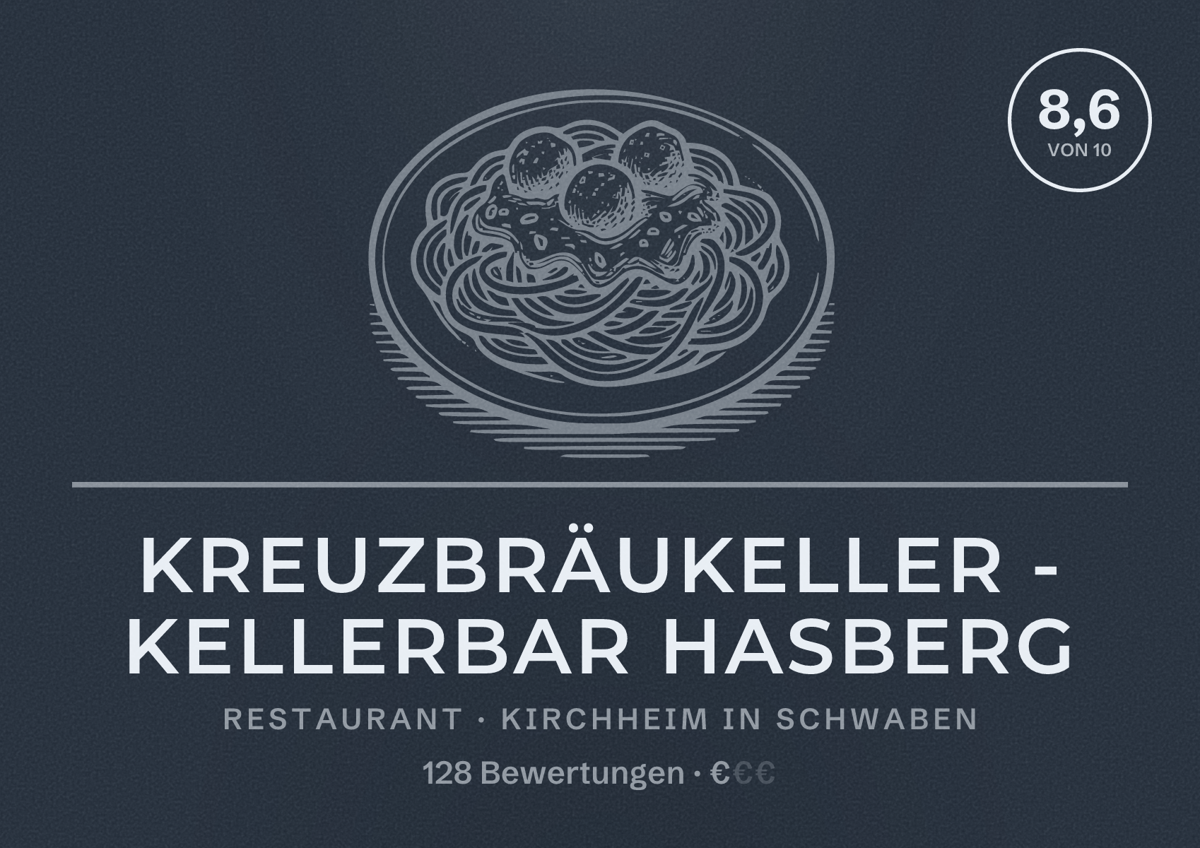 Illustriertes Poster von Kreuzbräukeller - Kellerbar Hasberg, Restaurant in Kirchheim in Schwaben: Bewertung 8,6 von 10 aus 128 Bewertungen, Preisniveau €