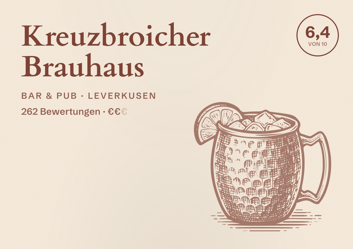 Illustriertes Poster von Kreuzbroicher Brauhaus, Bar & Pub in Leverkusen: Bewertung 6,4 von 10 aus 262 Bewertungen, Preisniveau €€