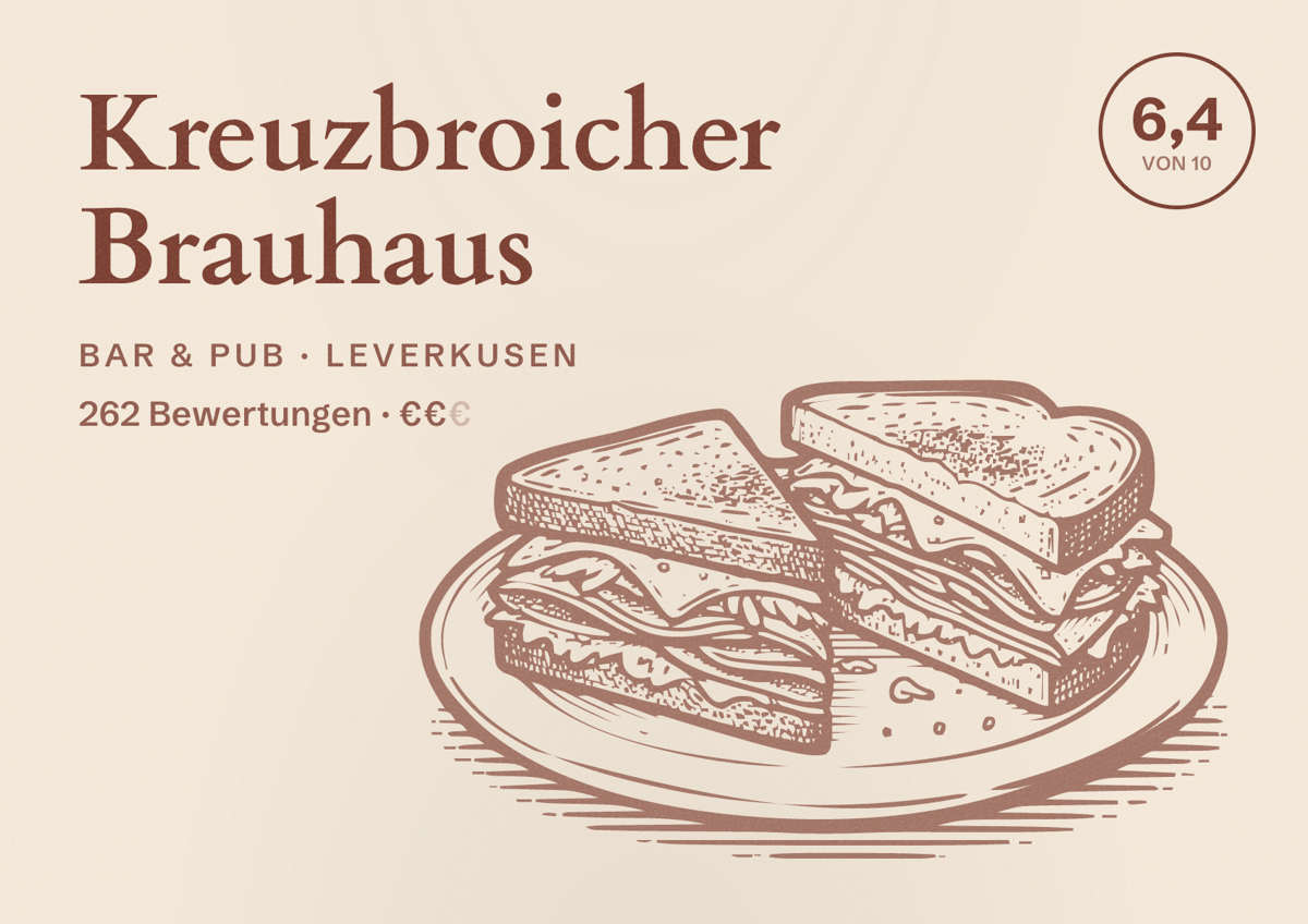 Illustriertes Poster von Kreuzbroicher Brauhaus, Bar & Pub in Leverkusen: Bewertung 6,4 von 10 aus 262 Bewertungen, Preisniveau €€