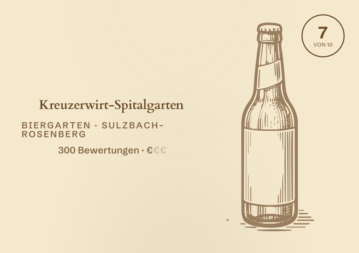 Illustriertes Poster von Kreuzerwirt-Spitalgarten, Biergarten in Sulzbach-Rosenberg: Bewertung 7 von 10 aus 300 Bewertungen, Preisniveau €