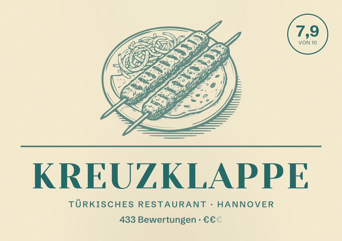Illustriertes Poster von Kreuzklappe, Türkisches Restaurant in Hannover: Bewertung 7,9 von 10 aus 433 Bewertungen, Preisniveau €€