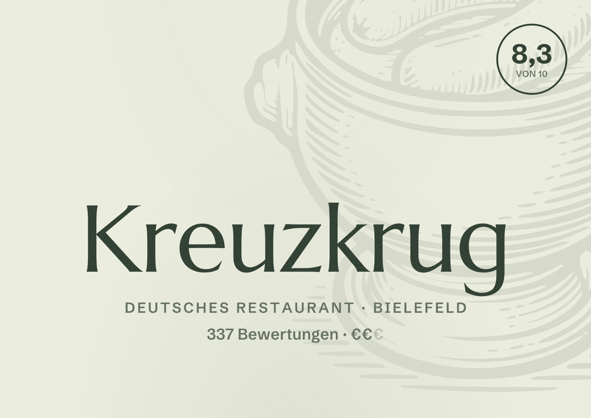 Illustriertes Poster von Kreuzkrug, Deutsches Restaurant in Bielefeld: Bewertung 8,3 von 10 aus 337 Bewertungen, Preisniveau €€