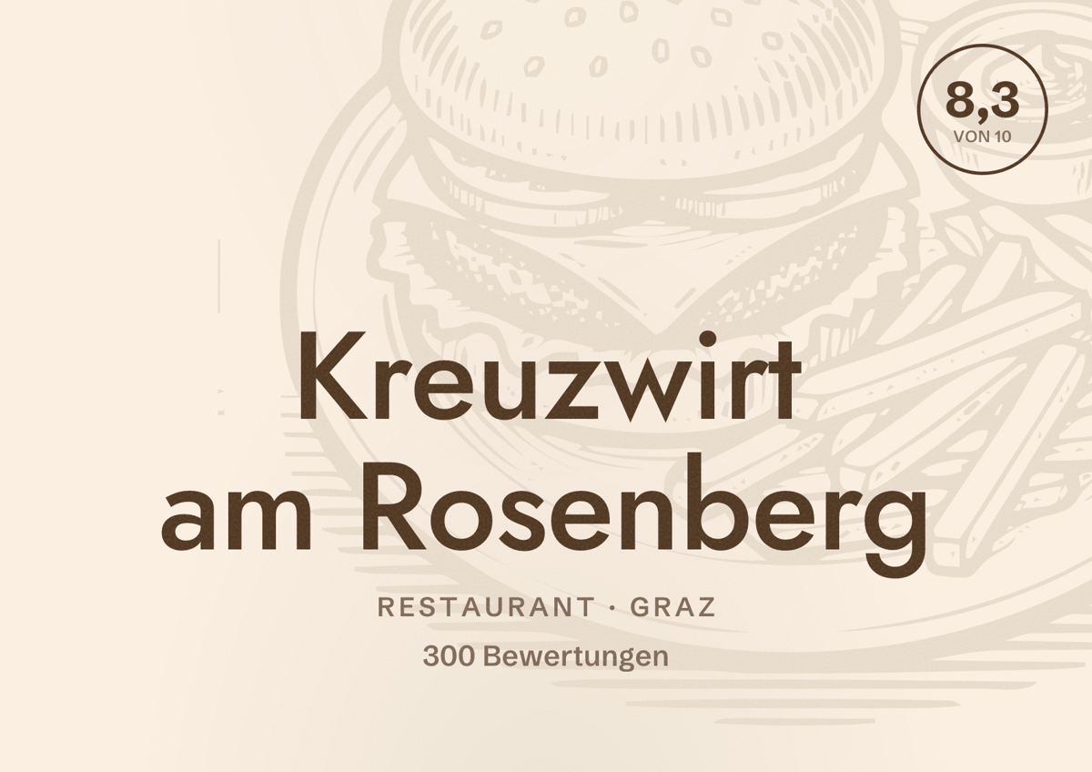 Illustriertes Poster von Kreuzwirt am Rosenberg, Restaurant in Graz: Bewertung 8,3 von 10 aus 300 Bewertungen