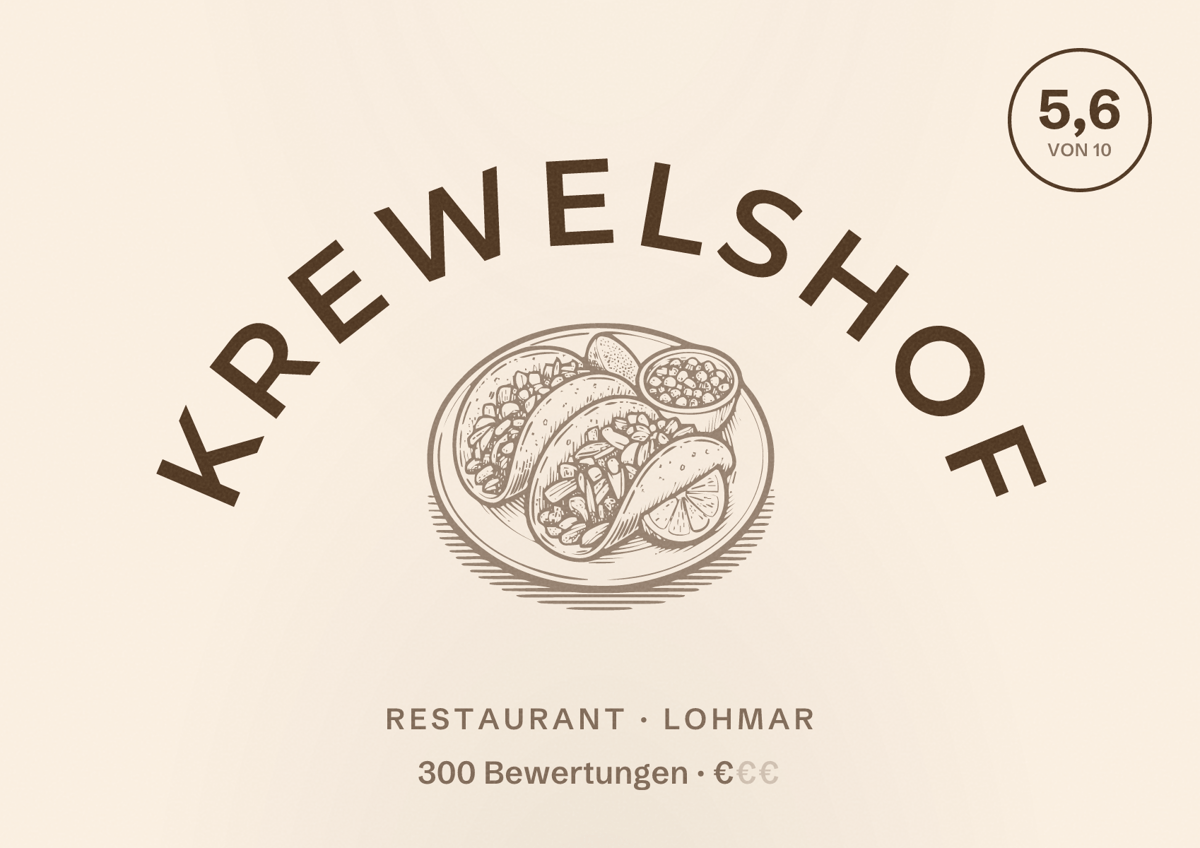 Illustriertes Poster von Krewelshof, Restaurant in Lohmar: Bewertung 5,6 von 10 aus 300 Bewertungen, Preisniveau €