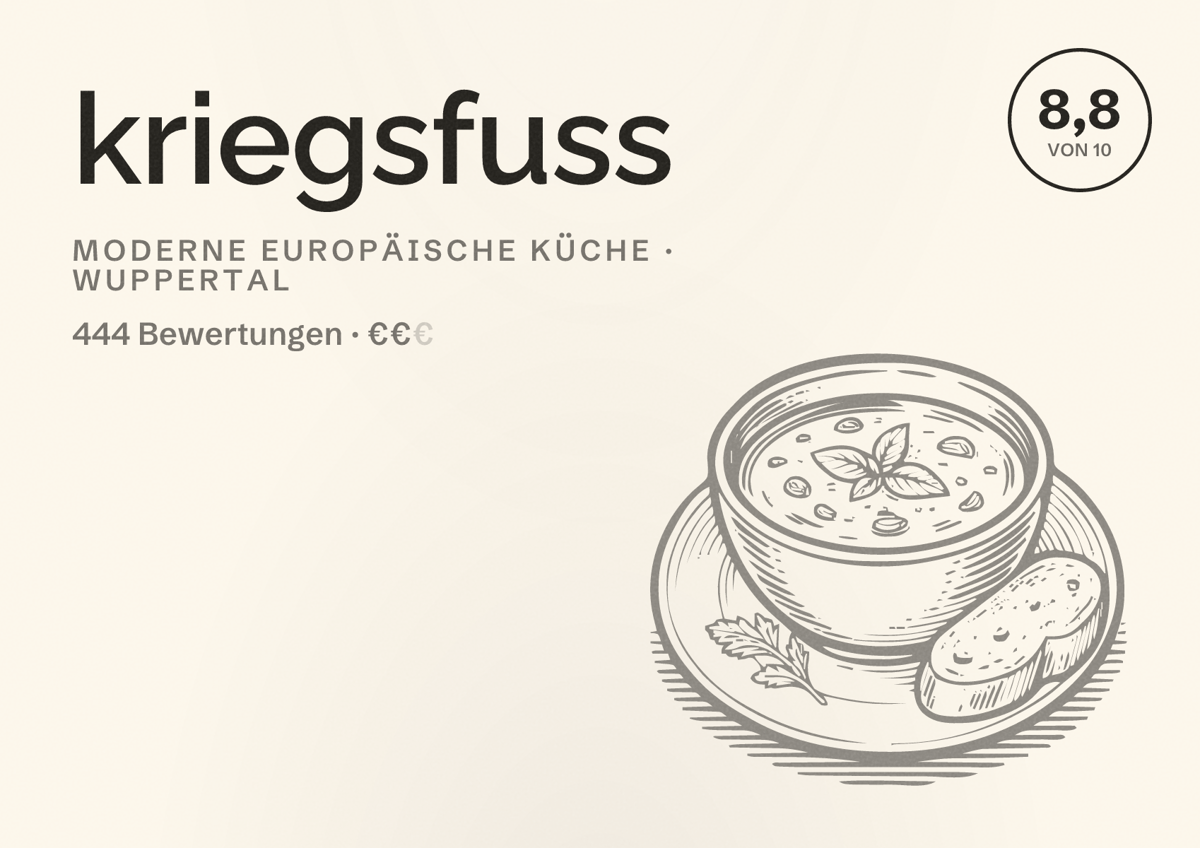Illustriertes Poster von kriegsfuss, Moderne europäische Küche in Wuppertal: Bewertung 8,8 von 10 aus 444 Bewertungen, Preisniveau €€