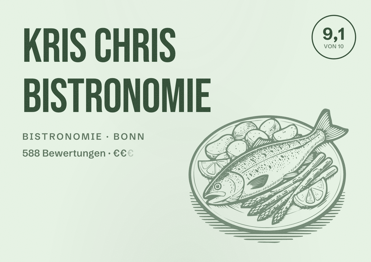 Illustriertes Poster von Kris Chris Bistronomie, Bistronomie in Bonn: Bewertung 9,1 von 10 aus 588 Bewertungen, Preisniveau €€