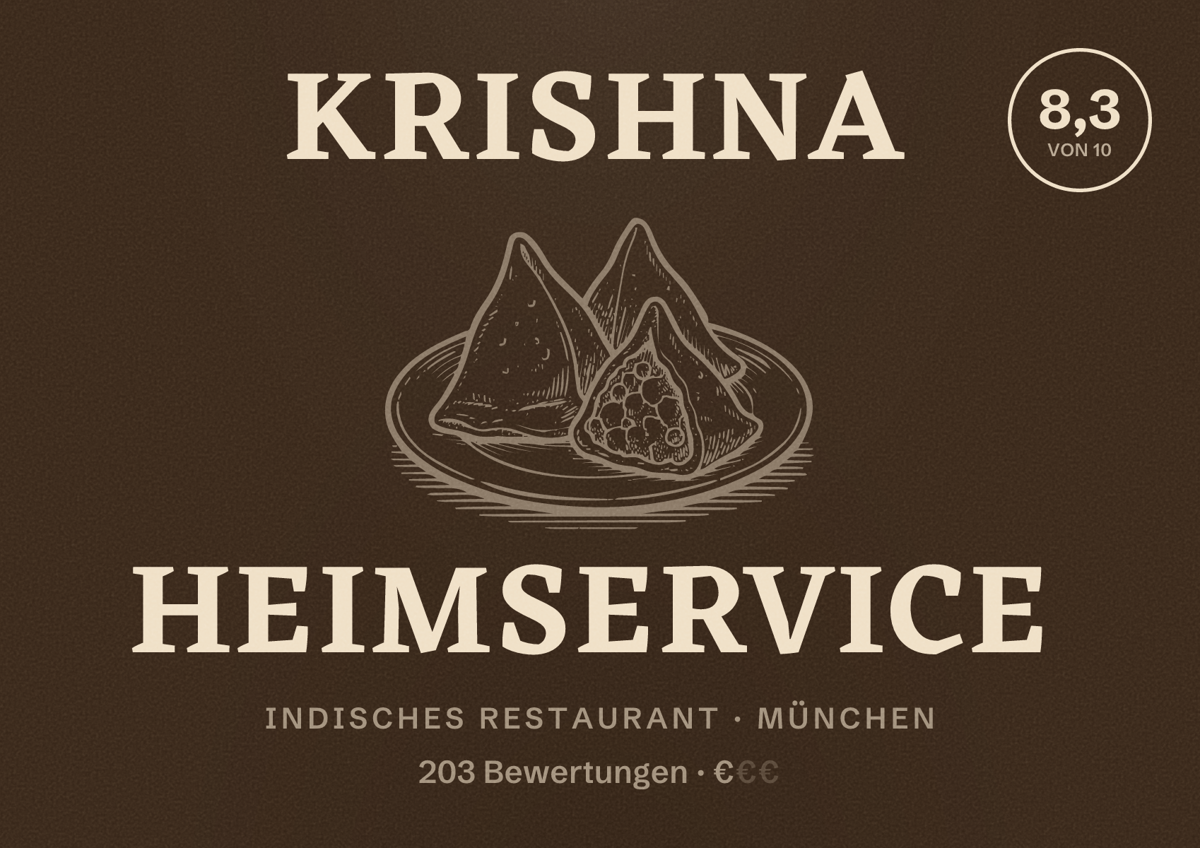 Illustriertes Poster von Krishna Heimservice, Indisches Restaurant in München: Bewertung 8,3 von 10 aus 203 Bewertungen, Preisniveau €