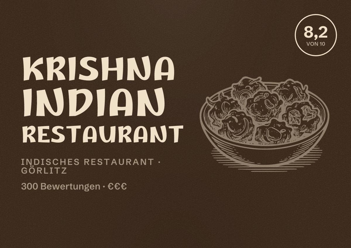 Illustriertes Poster von Krishna Indian Restaurant, Indisches Restaurant in Görlitz: Bewertung 8,2 von 10 aus 300 Bewertungen, Preisniveau €€€