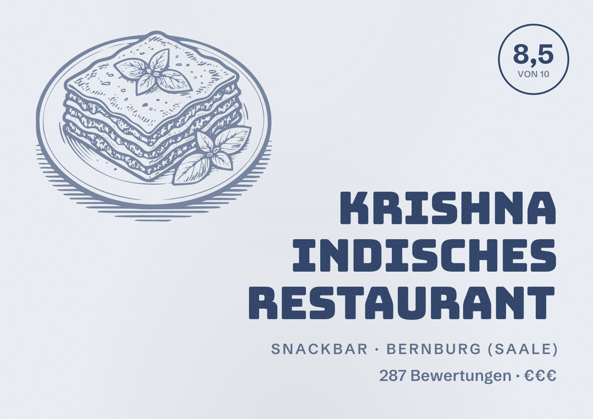 Illustriertes Poster von Krishna Indisches Restaurant, Snackbar in Bernburg (Saale): Bewertung 8,5 von 10 aus 287 Bewertungen, Preisniveau €€€