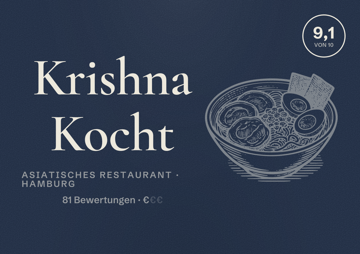 Illustriertes Poster von Krishna Kocht, Asiatisches Restaurant in Hamburg: Bewertung 9,1 von 10 aus 81 Bewertungen, Preisniveau €