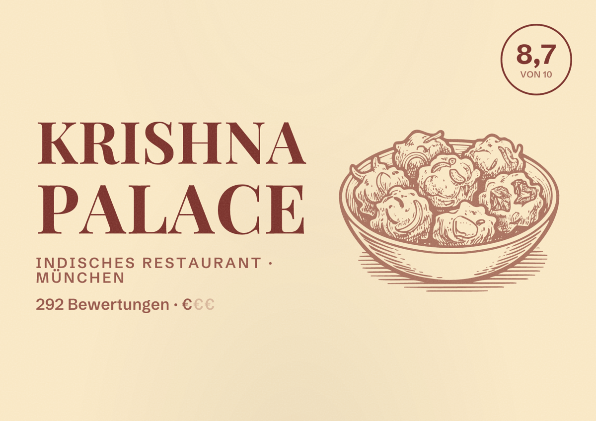 Illustriertes Poster von Krishna Palace, Indisches Restaurant in München: Bewertung 8,7 von 10 aus 292 Bewertungen, Preisniveau €