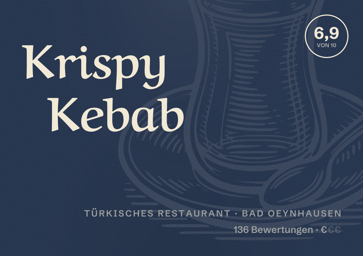 Illustriertes Poster von Krispy Kebab, Türkisches Restaurant in Bad Oeynhausen: Bewertung 6,9 von 10 aus 136 Bewertungen, Preisniveau €