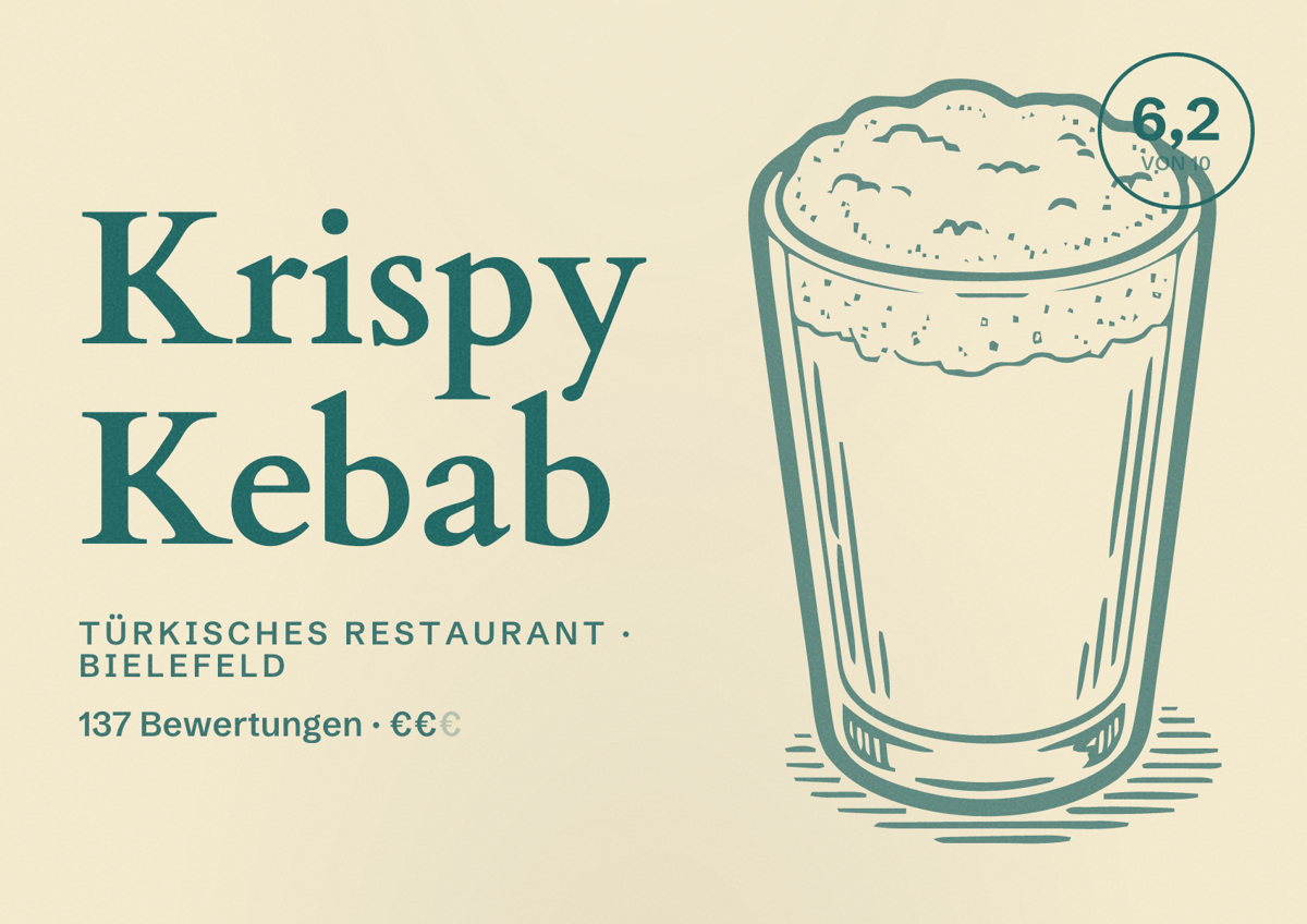 Illustriertes Poster von Krispy Kebab, Türkisches Restaurant in Bielefeld: Bewertung 6,2 von 10 aus 137 Bewertungen, Preisniveau €€