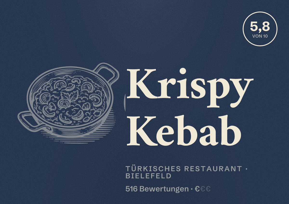 Illustriertes Poster von Krispy Kebab, Türkisches Restaurant in Bielefeld: Bewertung 5,8 von 10 aus 516 Bewertungen, Preisniveau €