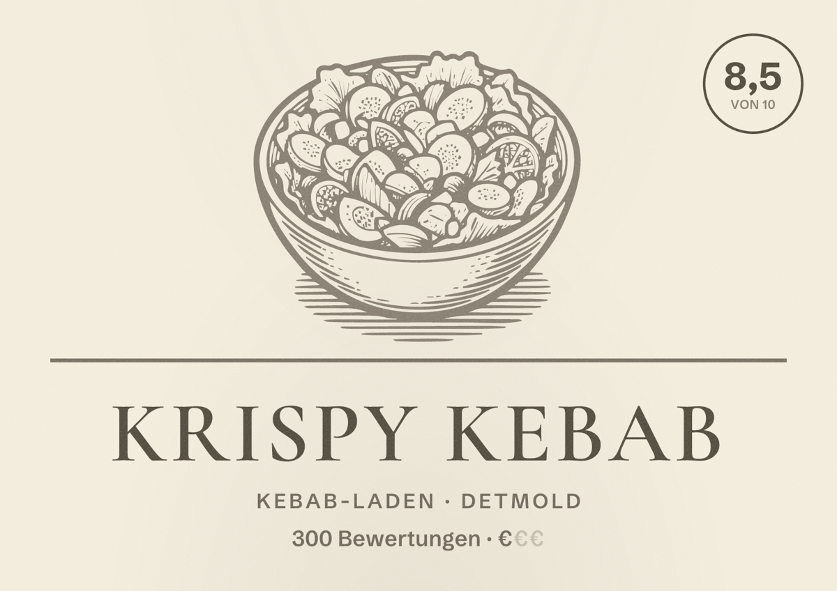 Illustriertes Poster von Krispy Kebab, Kebab-Laden in Detmold: Bewertung 8,5 von 10 aus 300 Bewertungen, Preisniveau €