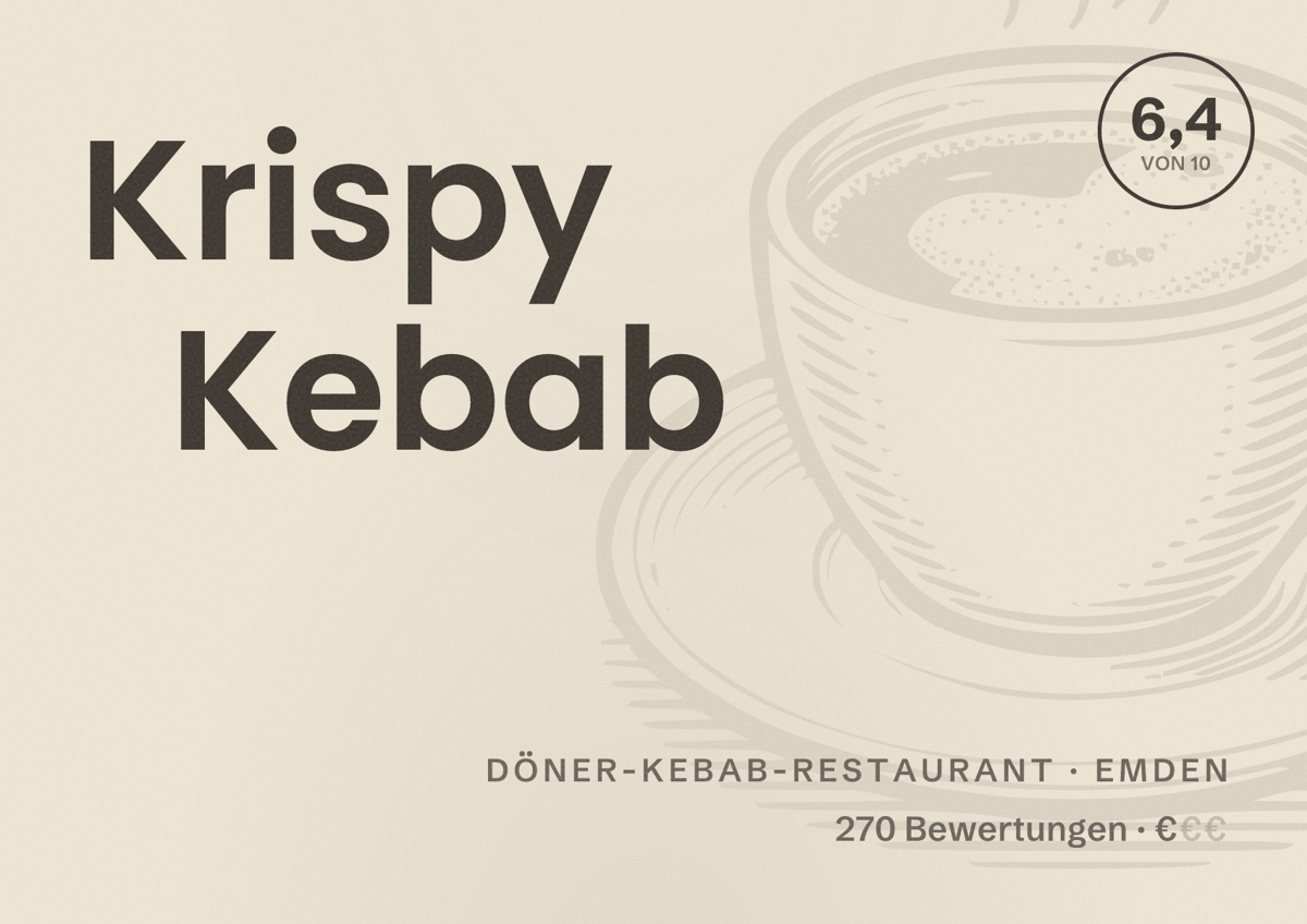 Illustriertes Poster von Krispy Kebab, Döner-Kebab-Restaurant in Emden: Bewertung 6,4 von 10 aus 270 Bewertungen, Preisniveau €