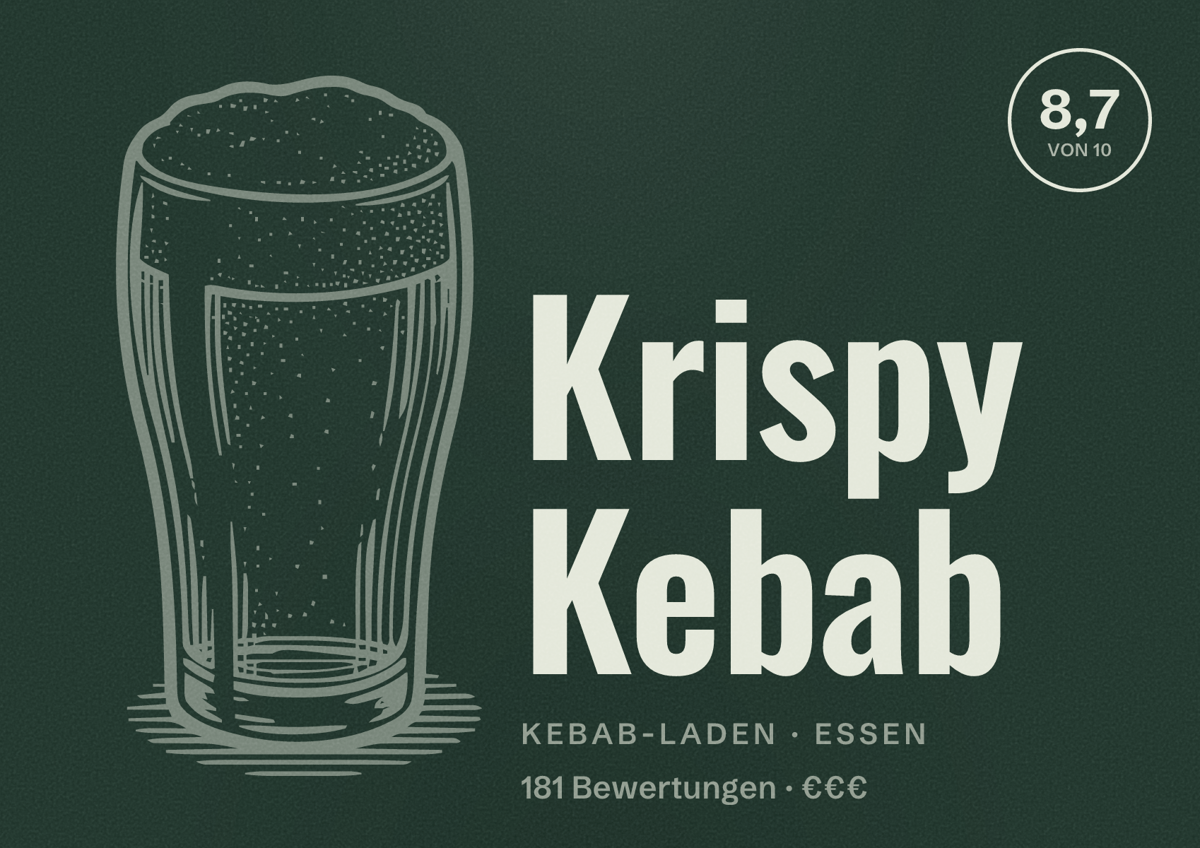 Illustriertes Poster von Krispy Kebab, Kebab-Laden in Essen: Bewertung 8,7 von 10 aus 181 Bewertungen, Preisniveau €€€