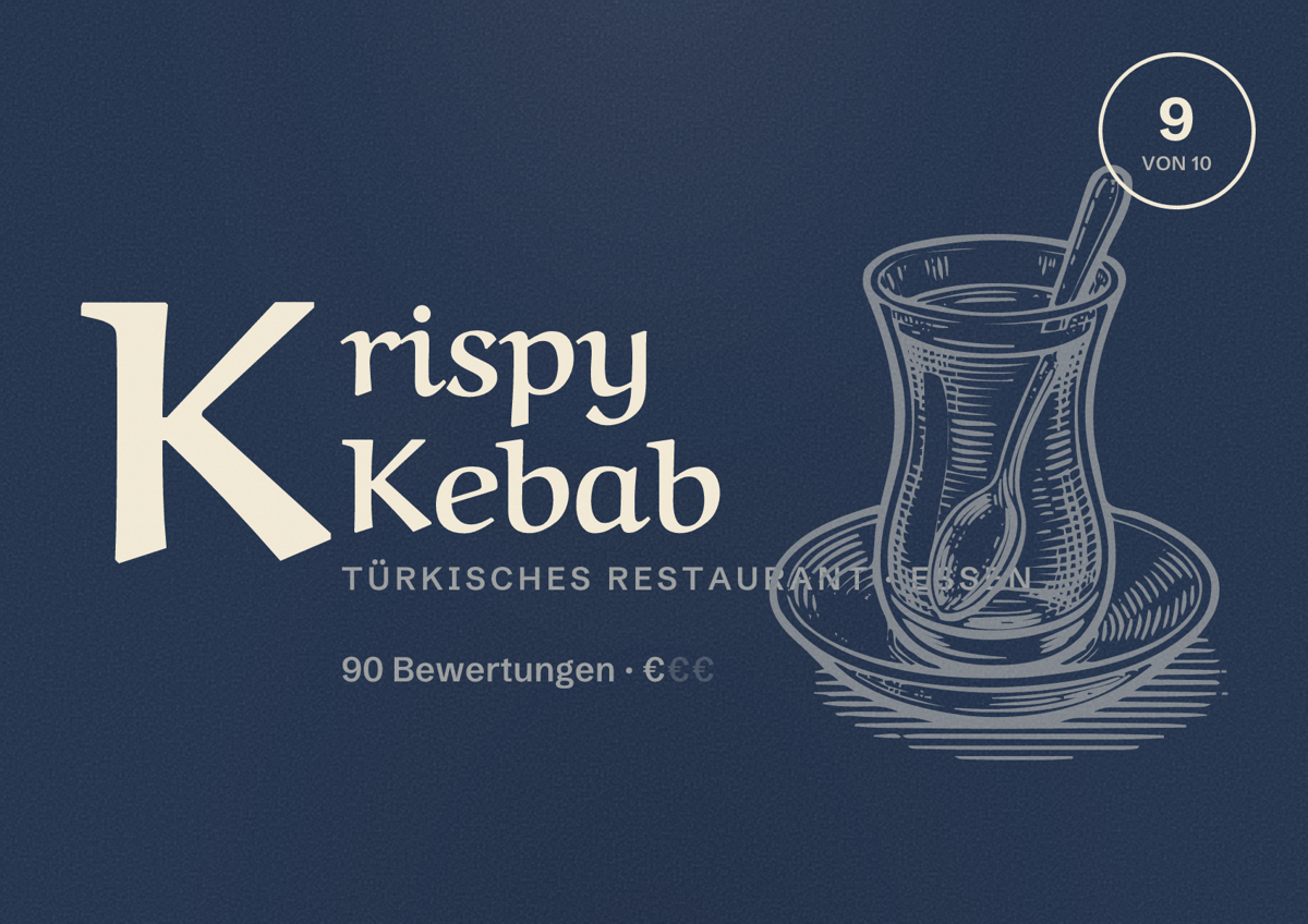 Illustriertes Poster von Krispy Kebab, Türkisches Restaurant in Essen: Bewertung 9 von 10 aus 90 Bewertungen, Preisniveau €