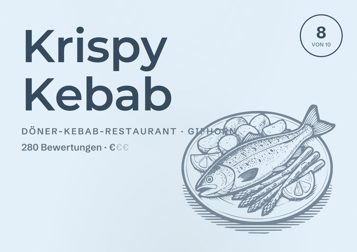 Illustriertes Poster von Krispy Kebab, Döner-Kebab-Restaurant in Gifhorn: Bewertung 8 von 10 aus 280 Bewertungen, Preisniveau €