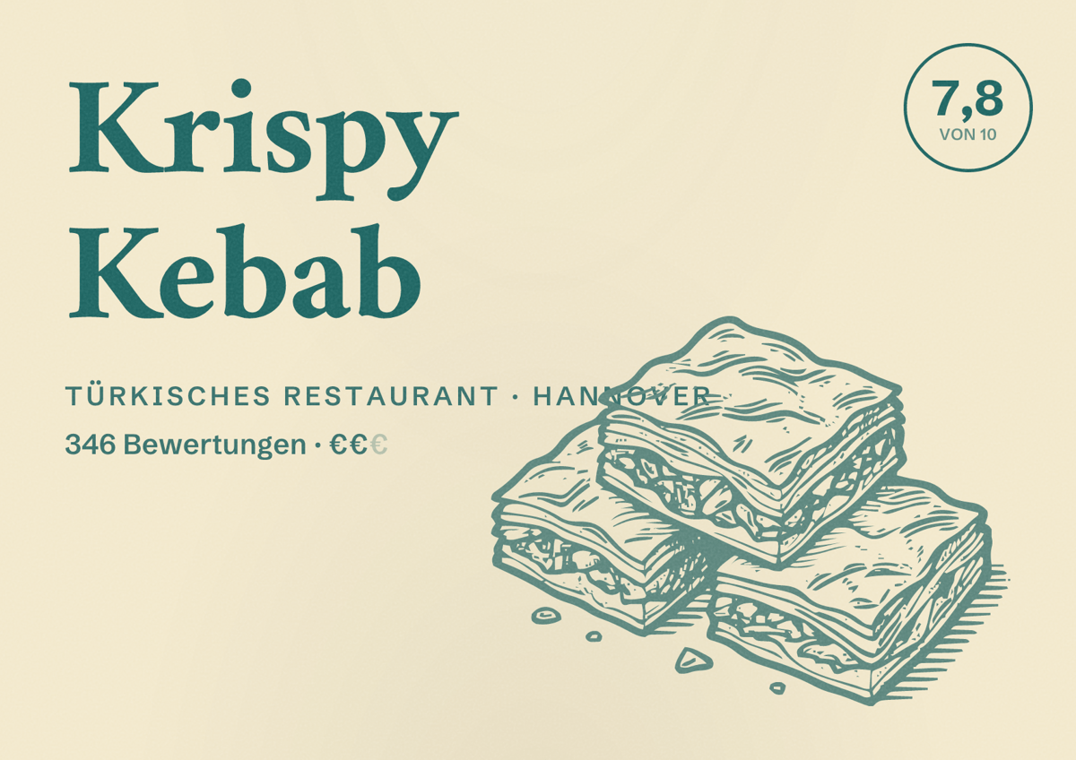Illustriertes Poster von Krispy Kebab, Türkisches Restaurant in Hannover: Bewertung 7,8 von 10 aus 346 Bewertungen, Preisniveau €€