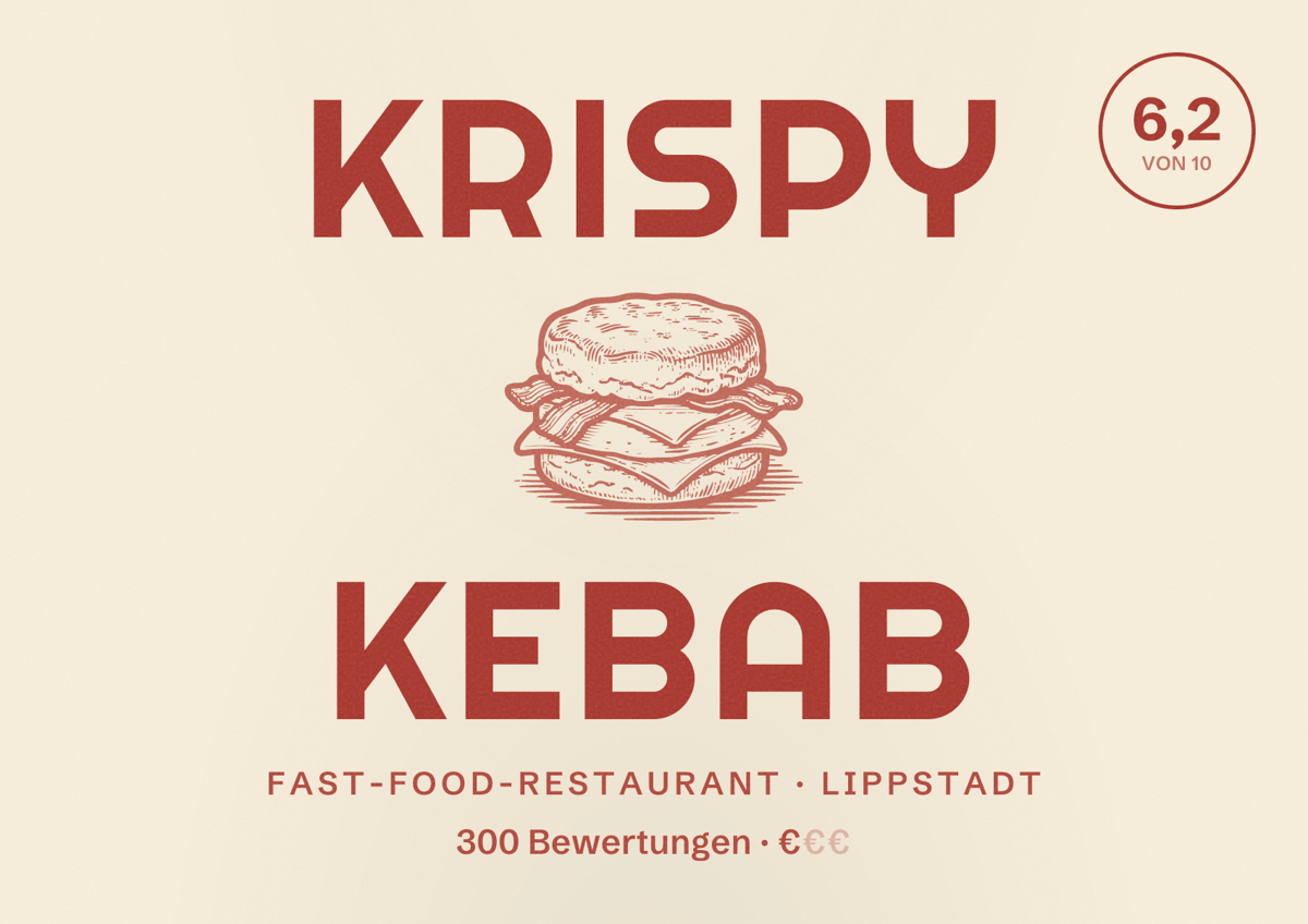 Illustriertes Poster von Krispy Kebab, Fast-Food-Restaurant in Lippstadt: Bewertung 6,2 von 10 aus 300 Bewertungen, Preisniveau €