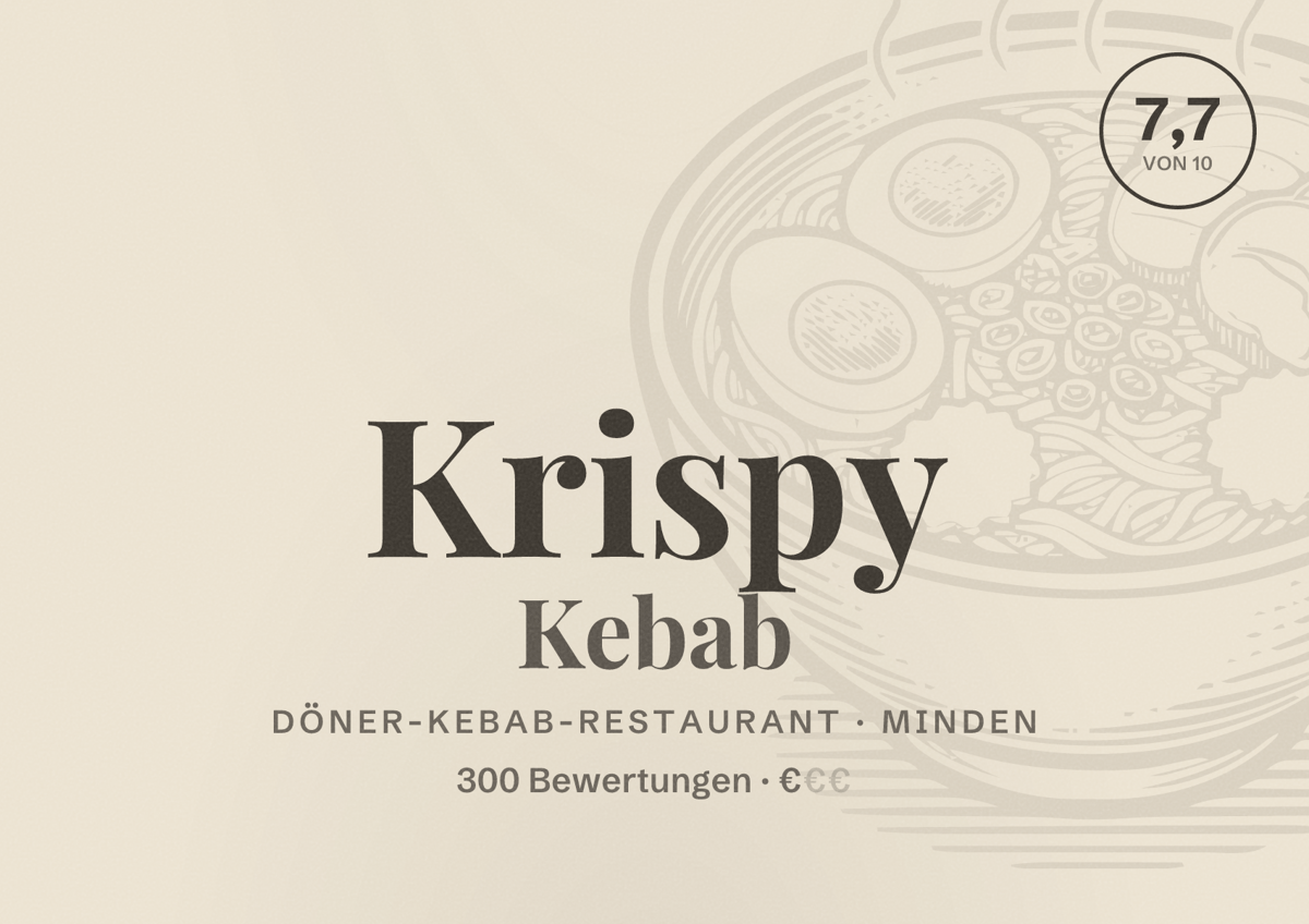 Illustriertes Poster von Krispy Kebab, Döner-Kebab-Restaurant in Minden: Bewertung 7,7 von 10 aus 300 Bewertungen, Preisniveau €
