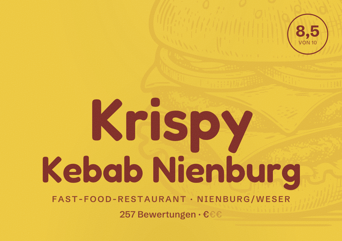 Illustriertes Poster von Krispy Kebab Nienburg, Fast-Food-Restaurant in Nienburg/Weser: Bewertung 8,5 von 10 aus 257 Bewertungen, Preisniveau €