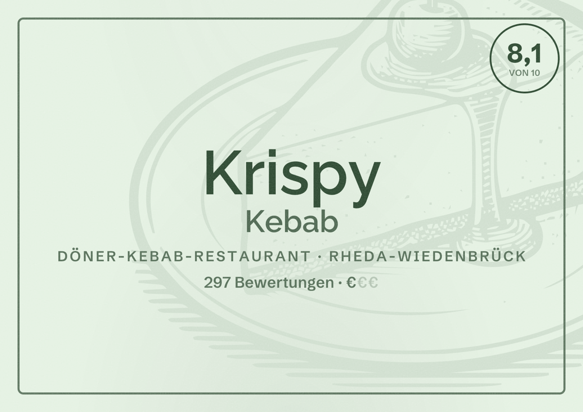 Illustriertes Poster von Krispy Kebab, Döner-Kebab-Restaurant in Rheda-Wiedenbrück: Bewertung 8,1 von 10 aus 297 Bewertungen, Preisniveau €