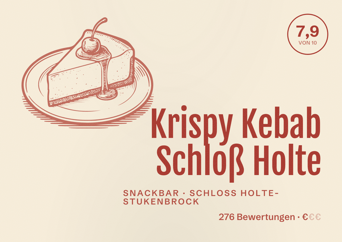 Illustriertes Poster von Krispy Kebab Schloß Holte, Snackbar in Schloß Holte-Stukenbrock: Bewertung 7,9 von 10 aus 276 Bewertungen, Preisniveau €