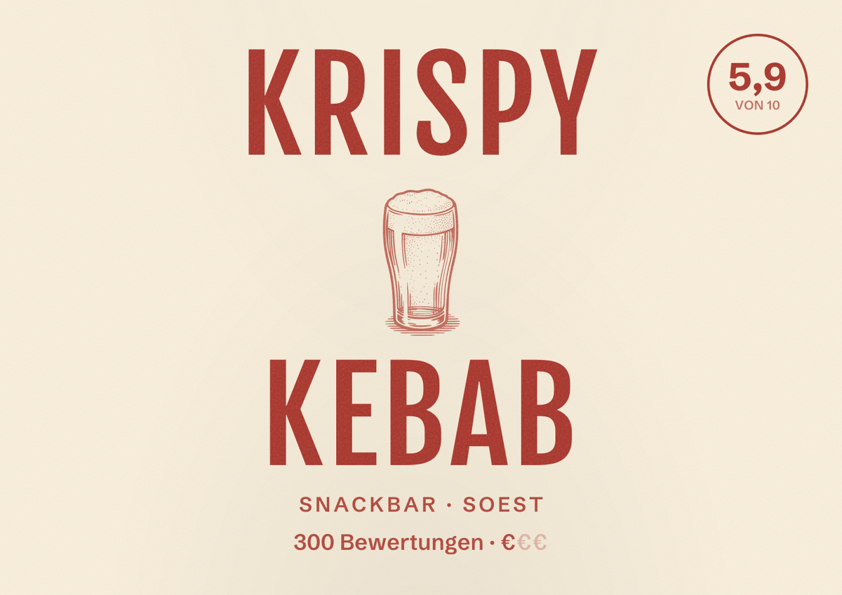 Illustriertes Poster von Krispy Kebab, Snackbar in Soest: Bewertung 5,9 von 10 aus 300 Bewertungen, Preisniveau €