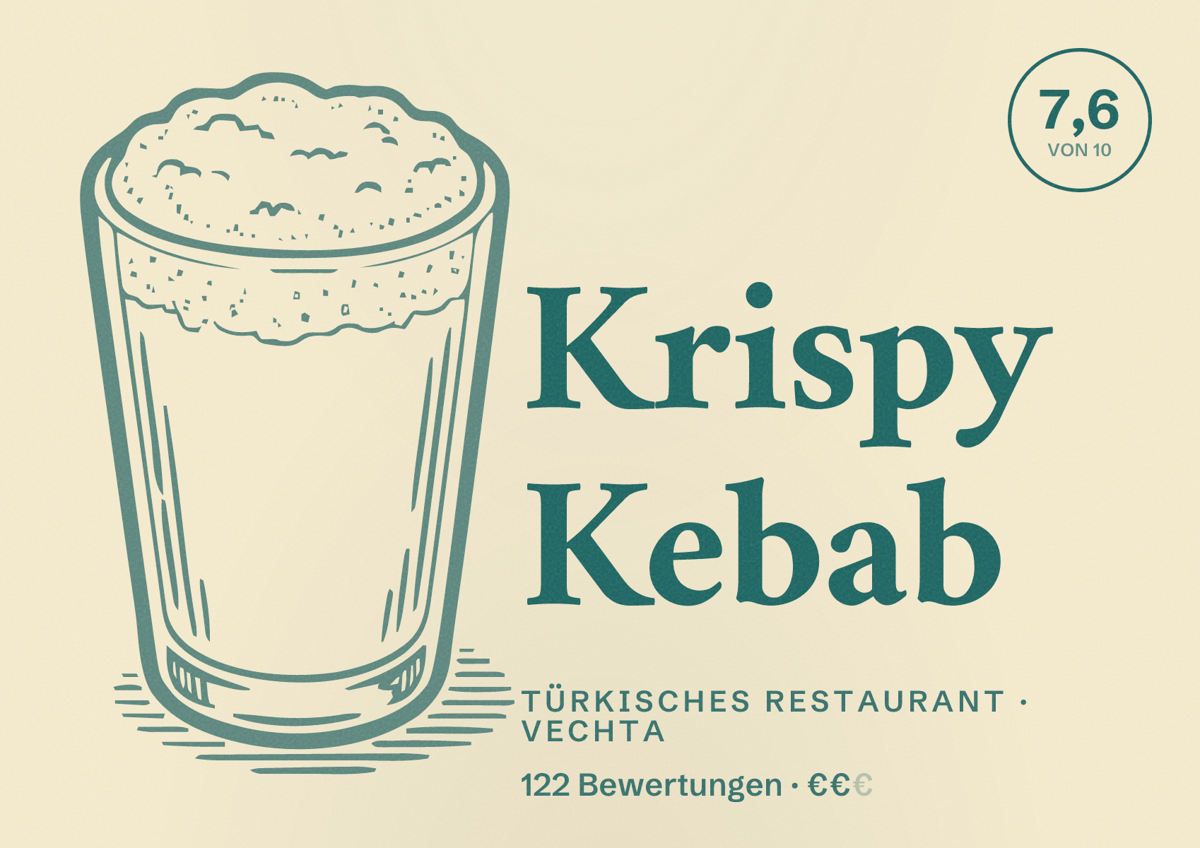 Illustriertes Poster von Krispy Kebab, Türkisches Restaurant in Vechta: Bewertung 7,6 von 10 aus 122 Bewertungen, Preisniveau €€