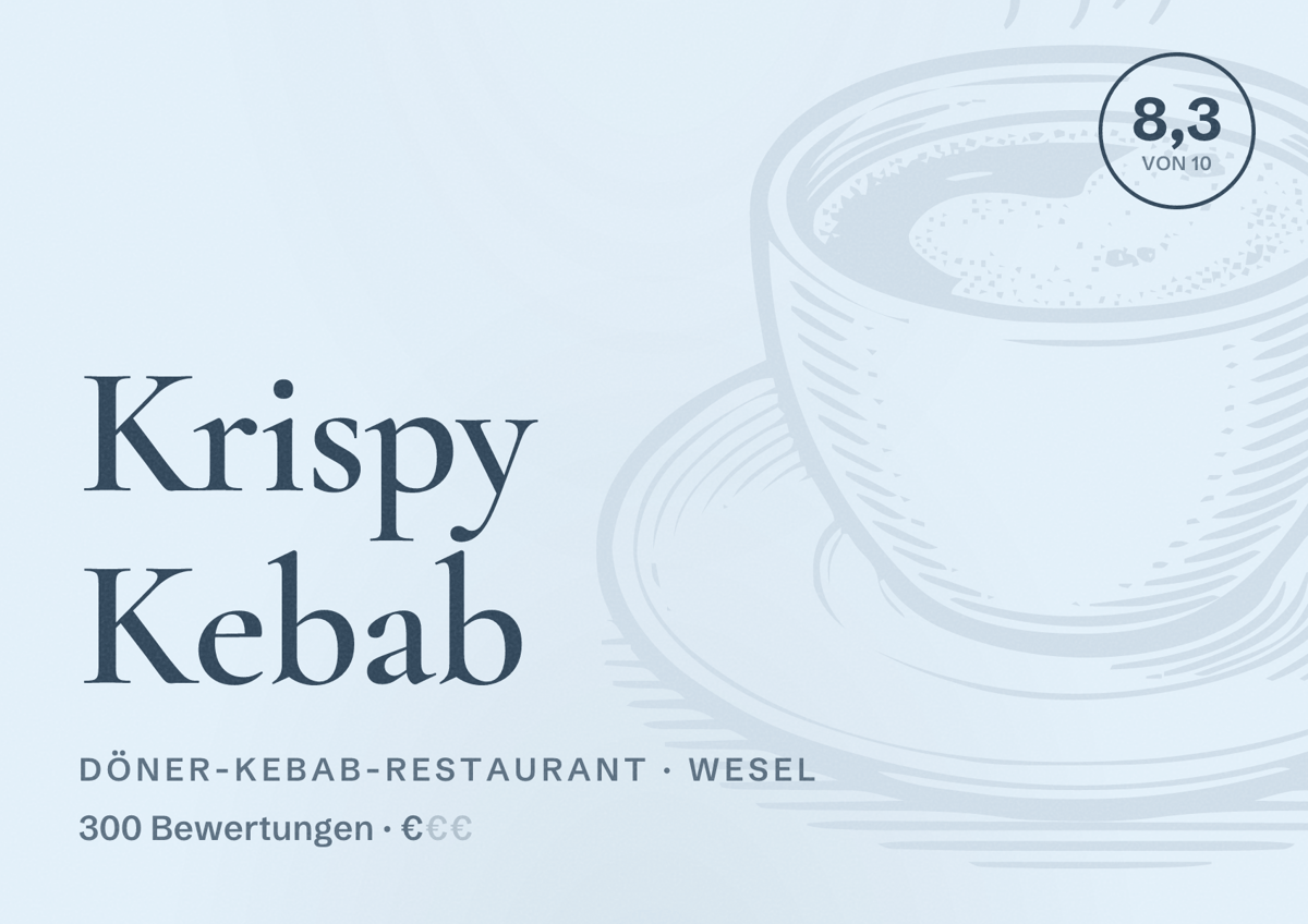 Illustriertes Poster von Krispy Kebab, Döner-Kebab-Restaurant in Wesel: Bewertung 8,3 von 10 aus 300 Bewertungen, Preisniveau €