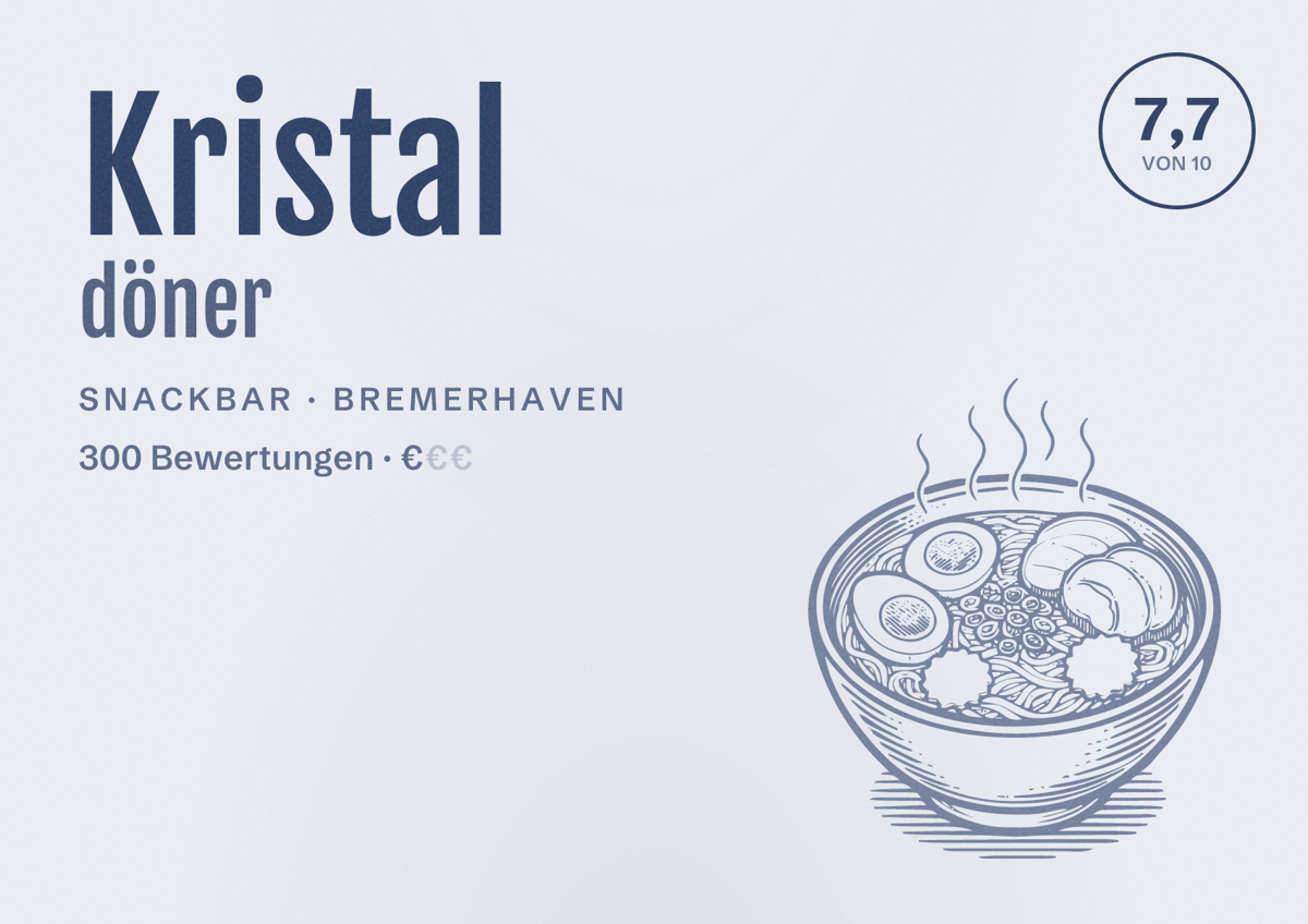 Illustriertes Poster von Kristal döner, Snackbar in Bremerhaven: Bewertung 7,7 von 10 aus 300 Bewertungen, Preisniveau €