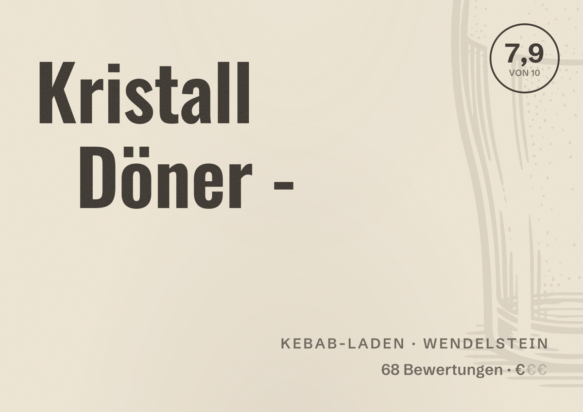 Illustriertes Poster von Kristall Döner -, Kebab-Laden in Wendelstein: Bewertung 7,9 von 10 aus 68 Bewertungen, Preisniveau €