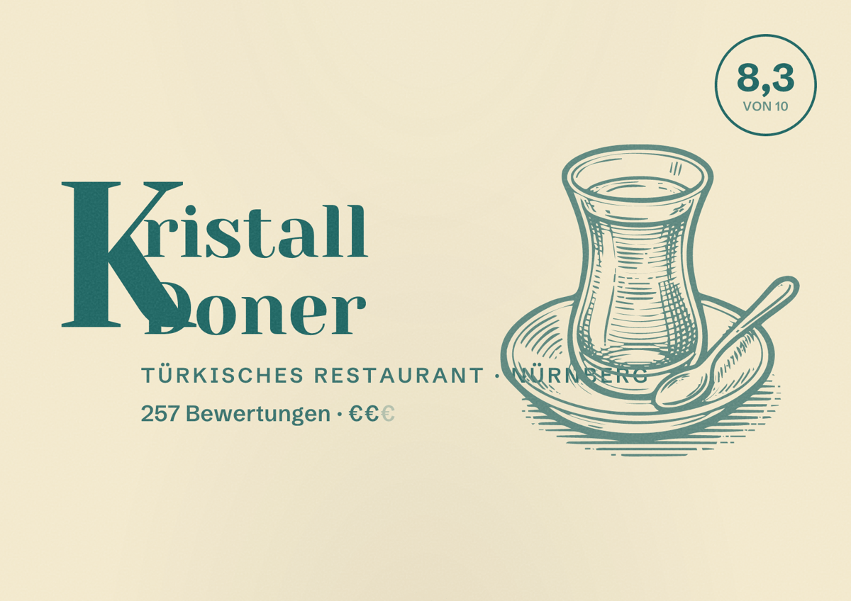 Illustriertes Poster von Kristall Doner, Türkisches Restaurant in Nürnberg: Bewertung 8,3 von 10 aus 257 Bewertungen, Preisniveau €€