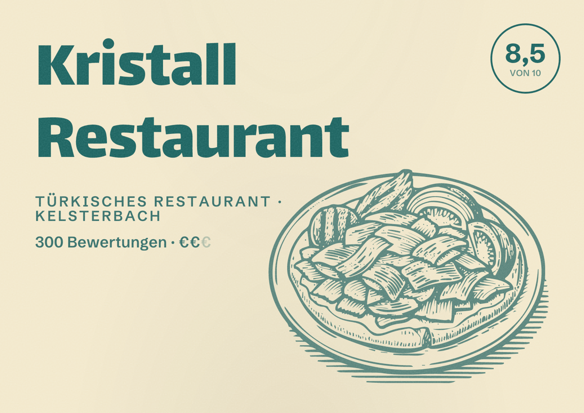 Illustriertes Poster von Kristall Restaurant, Türkisches Restaurant in Kelsterbach: Bewertung 8,5 von 10 aus 300 Bewertungen, Preisniveau €€
