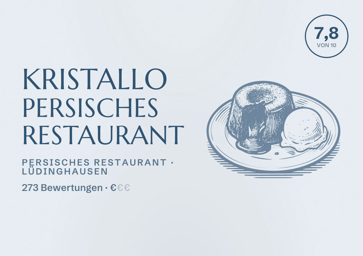 Illustriertes Poster von Kristallo Persisches Restaurant, Persisches Restaurant in Lüdinghausen: Bewertung 7,8 von 10 aus 273 Bewertungen, Preisniveau €