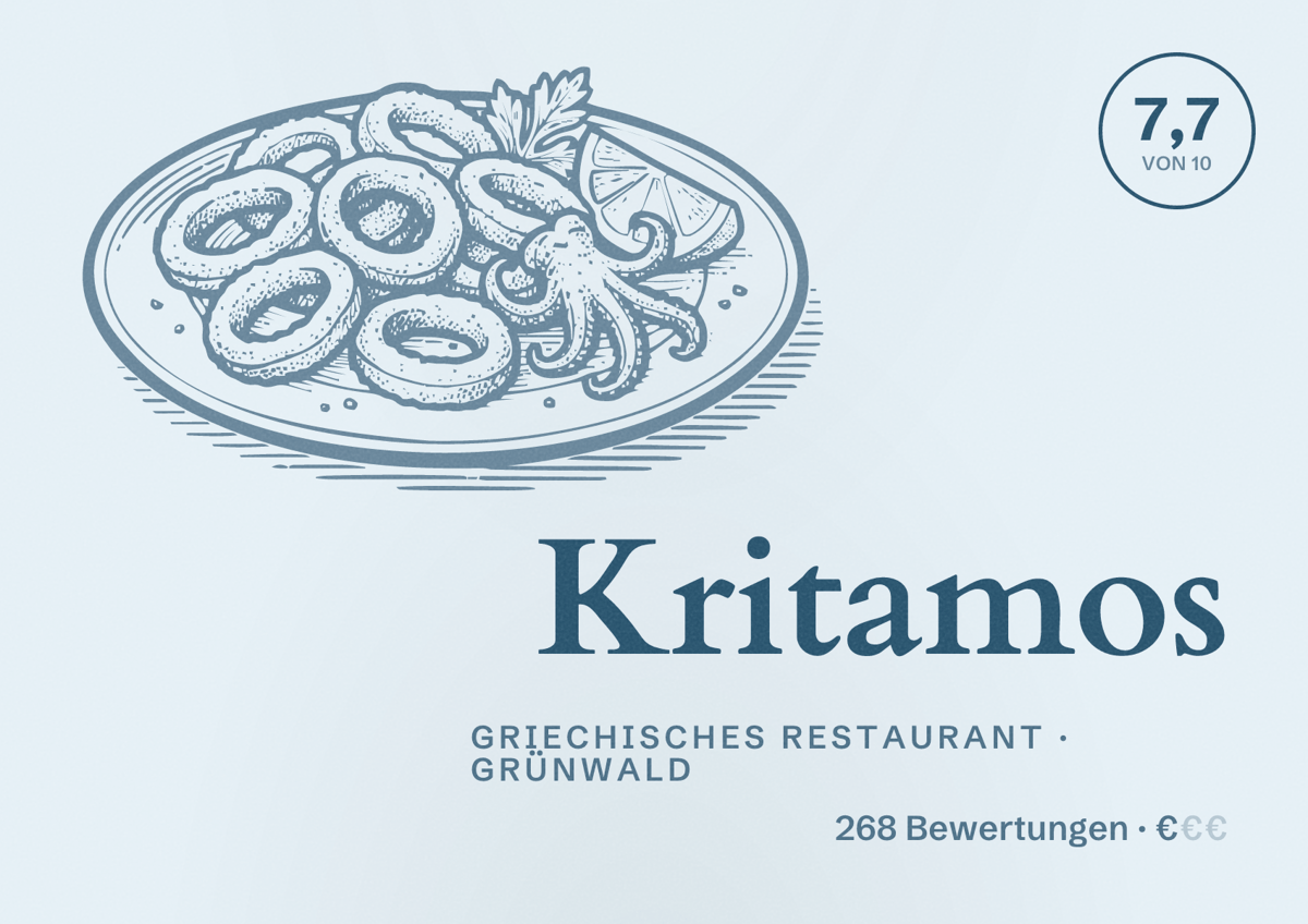 Illustriertes Poster von Kritamos, Griechisches Restaurant in Grünwald: Bewertung 7,7 von 10 aus 268 Bewertungen, Preisniveau €